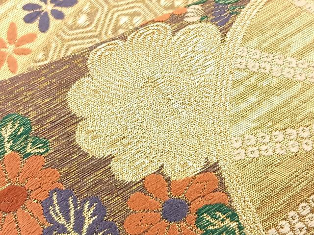 平和屋着物■六通柄袋帯 唐織 扇面松菊花文 金糸 正絹 逸品 BAAM7983if