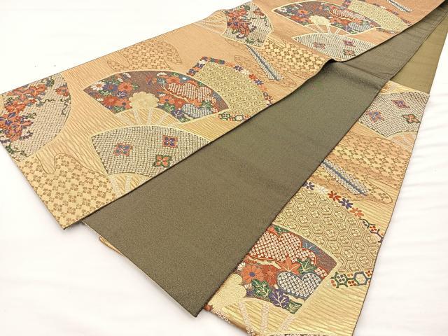 平和屋着物■六通柄袋帯 唐織 扇面松菊花文 金糸 正絹 逸品 BAAM7983if