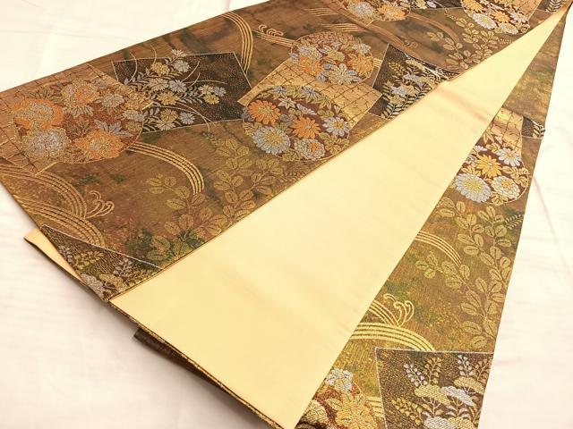 平和屋着物■六通柄袋帯 色紙重ね草花文 金糸 引箔 正絹 逸品 BAAN0320du