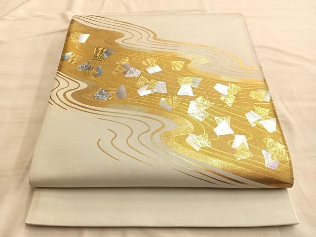 平和屋着物■太鼓柄袋帯 流水文様 金糸 正絹 逸品 BAAN0341du