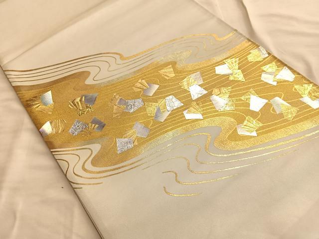 平和屋着物■太鼓柄袋帯 流水文様 金糸 正絹 逸品 BAAN0341du