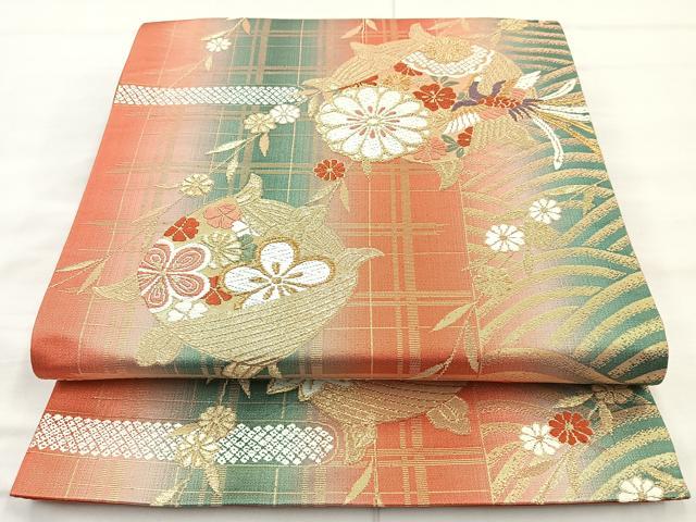 平和屋着物◎六通柄袋帯 唐織 糸巻車花鳥文 金糸 正絹 逸品 BAAN1122cm