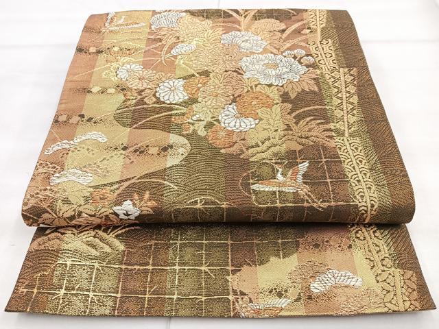 平和屋着物◎六通柄袋帯 雲取飛鶴花文 金糸 正絹 逸品 BAAN1165cm