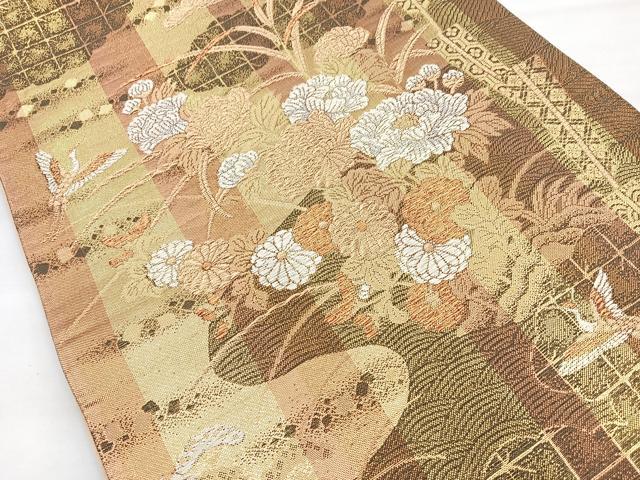 平和屋着物◎六通柄袋帯 雲取飛鶴花文 金糸 正絹 逸品 BAAN1165cm