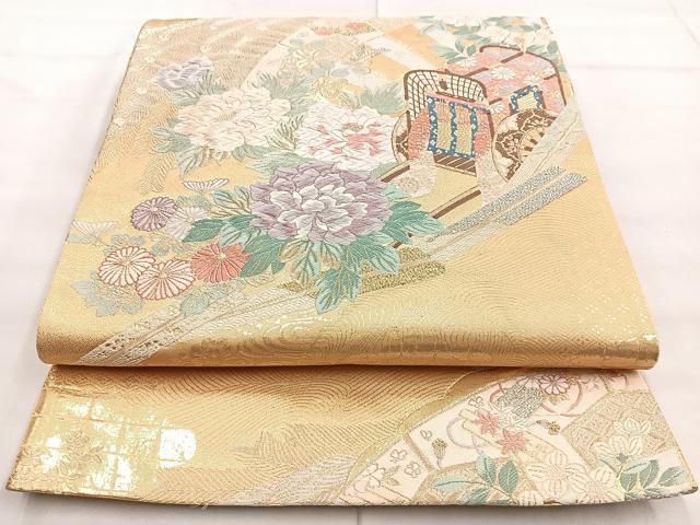平和屋着物◎六通柄袋帯 唐織 御所車孔雀花文 金糸 正絹 逸品 BAAN1192cm