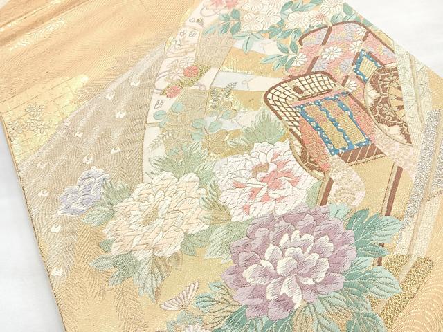 平和屋着物◎六通柄袋帯 唐織 御所車孔雀花文 金糸 正絹 逸品 BAAN1192cm
