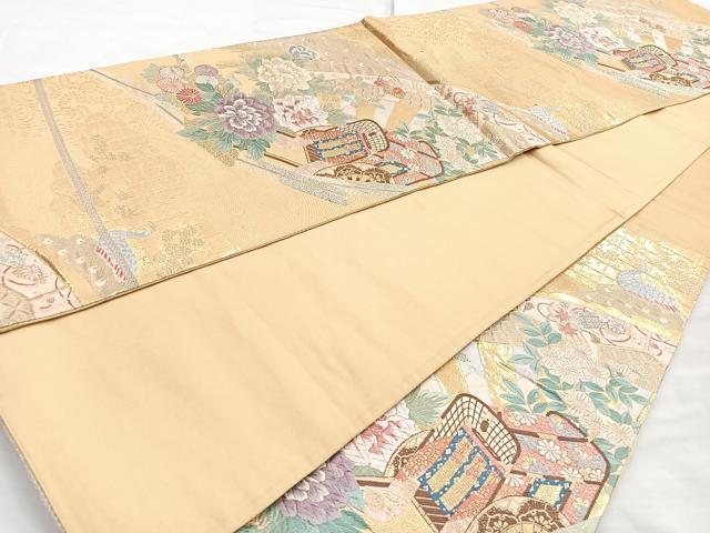 平和屋着物◎六通柄袋帯 唐織 御所車孔雀花文 金糸 正絹 逸品 BAAN1192cm