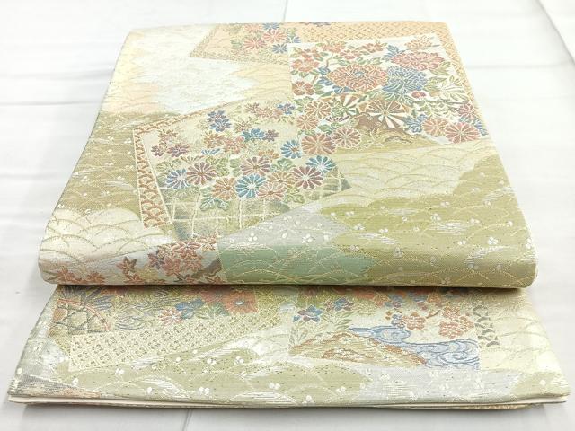 平和屋着物◎六通柄袋帯 翔響錦 色紙花車文 金銀糸 正絹 逸品 BAAN2143cm