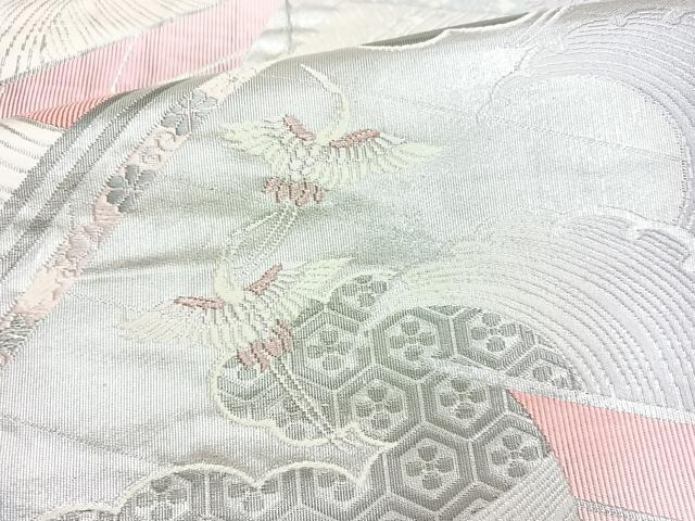 平和屋着物◎六通柄袋帯 唐織 渡橋飛鶴文 プラチナ箔 正絹 逸品 BAAN2151cm