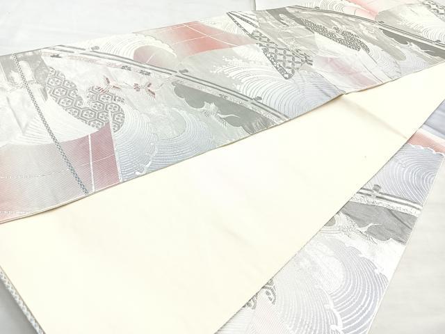 平和屋着物◎六通柄袋帯 唐織 渡橋飛鶴文 プラチナ箔 正絹 逸品 BAAN2151cm