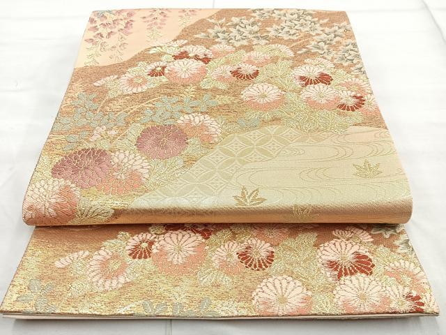 平和屋着物◎六通柄袋帯 唐織 草花文 金糸 正絹 逸品 BAAN2175cm