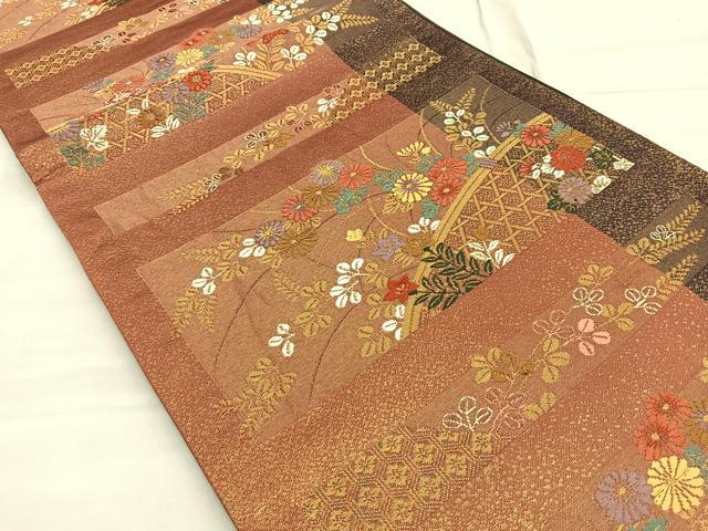 平和屋着物■六通柄袋帯 色紙に小菊 黒地 金糸 正絹 逸品 BAAN3069ea