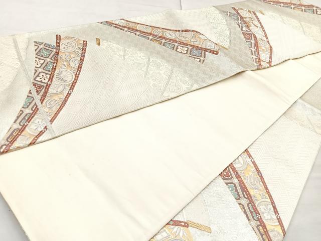 平和屋着物◎六通柄袋帯 唐織 桧扇宝華文 金銀糸 正絹 逸品 BAAN5119cm
