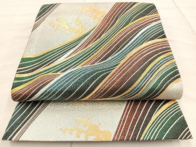 平和屋着物◎佐賀錦 六通柄袋帯 立波文 金銀糸 正絹 逸品 BAAN5165cm