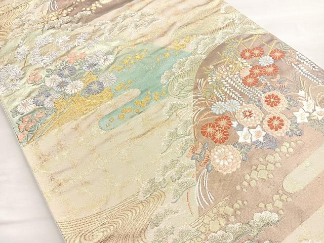 平和屋着物◎六通柄袋帯 唐織 遠山花文 金糸 正絹 逸品 BAAN5179cm