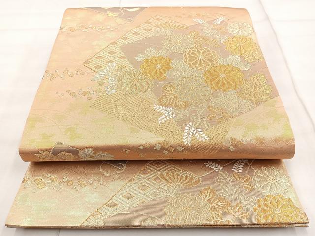 平和屋着物◎六通柄袋帯 色紙重ね花文 金糸 正絹 逸品 BAAN5223cm