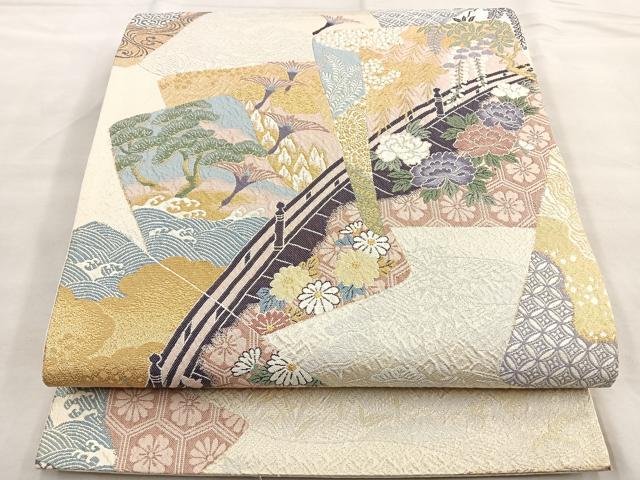 平和屋着物■六通柄袋帯 色紙橋上文 ふくれ織 金糸 正絹 逸品 BAAN6115ea