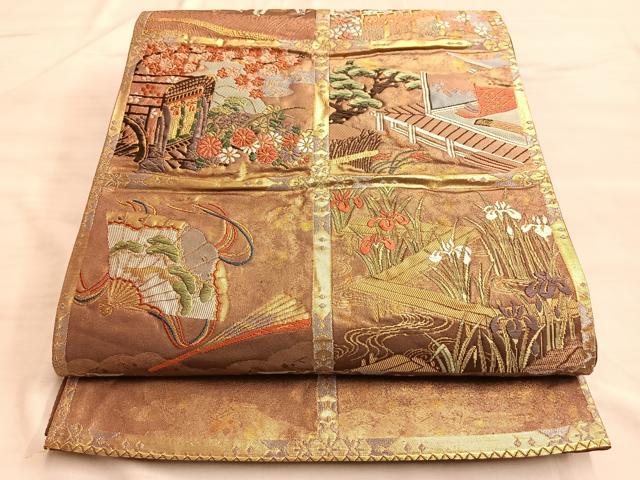 平和屋着物◎六通柄袋帯 唐織 格子柄御所車文 金糸 引箔 正絹 逸品 BAAN8920du