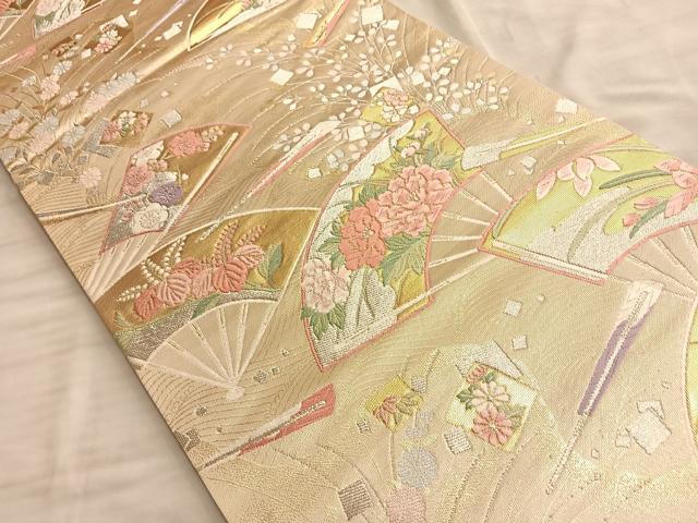 平和屋着物◎六通柄袋帯 唐織 扇面草花文 金銀糸 正絹 逸品 BAAN8927du