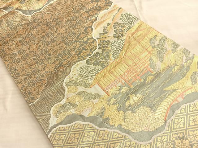 平和屋着物◎六通柄袋帯 唐織 総刺繍 蜀紅京景色 金糸 正絹 逸品 BAAN8931du