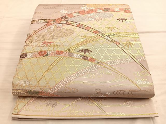 平和屋着物◎六通柄袋帯 唐織 流水草花文 金銀糸 正絹 逸品 BAAN8954du