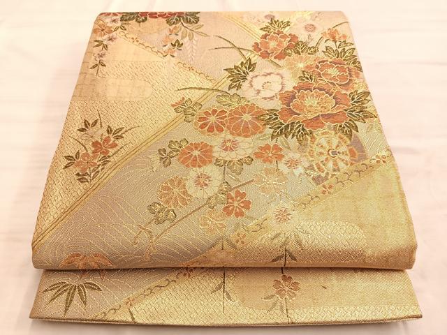平和屋着物◎佐賀錦 六通柄袋帯 流水花車文 金糸 正絹 逸品 BAAN8969du