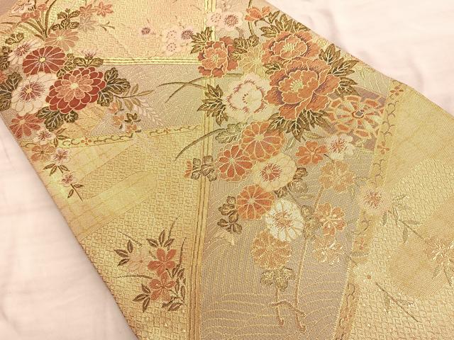 平和屋着物◎佐賀錦 六通柄袋帯 流水花車文 金糸 正絹 逸品 BAAN8969du