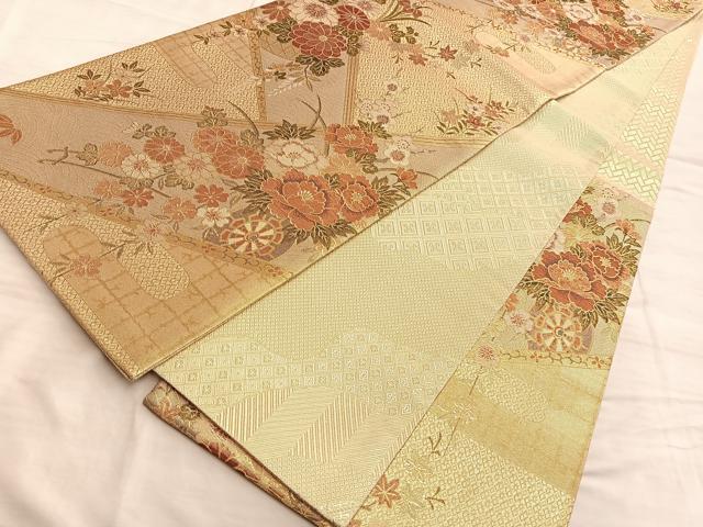 平和屋着物◎佐賀錦 六通柄袋帯 流水花車文 金糸 正絹 逸品 BAAN8969du