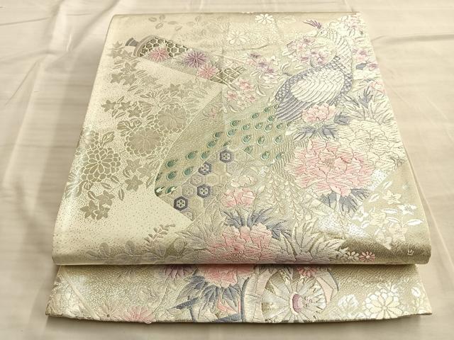 平和屋着物◎六通柄袋帯 唐織 孔雀絵巻草花文 銀糸 正絹 逸品 BAAO0005du