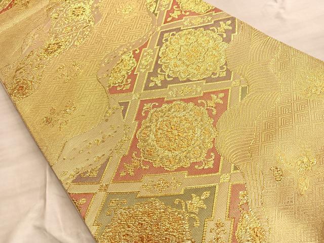 平和屋着物◎佐賀錦 六通柄袋帯 道長正倉院花文 金糸 正絹 逸品 BAAO0308du