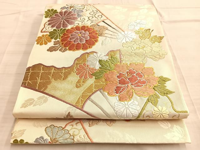 平和屋着物◎六通柄袋帯 唐織 扇面花唐草文 金銀糸 正絹 逸品 BAAO0425du