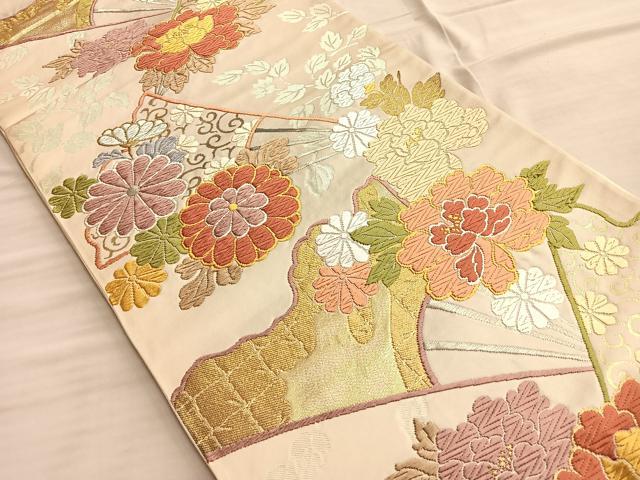 平和屋着物◎六通柄袋帯 唐織 扇面花唐草文 金銀糸 正絹 逸品 BAAO0425du