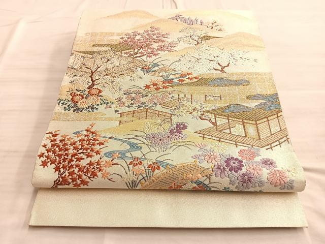 平和屋着物◎太鼓柄袋帯 唐織 遠山風景文 金糸 正絹 逸品 BAAO0428du