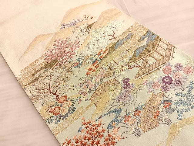 平和屋着物◎太鼓柄袋帯 唐織 遠山風景文 金糸 正絹 逸品 BAAO0428du