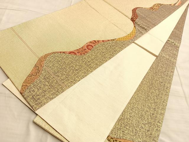 平和屋着物◎太鼓柄袋帯 切嵌 流水花文 金糸 正絹 逸品 BAAO0438du