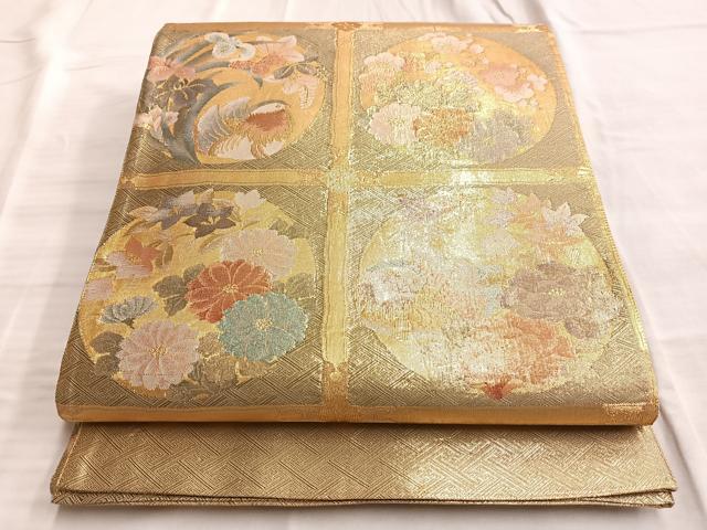 平和屋着物◎佐賀錦 太鼓柄袋帯 格天井鴛鴦花文 金糸 正絹 逸品 BAAO0443du