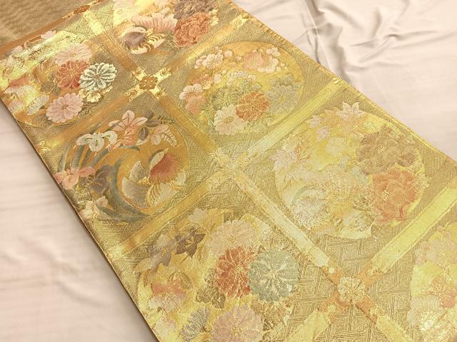 平和屋着物◎佐賀錦 太鼓柄袋帯 格天井鴛鴦花文 金糸 正絹 逸品 BAAO0443du