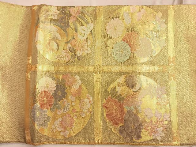 平和屋着物◎佐賀錦 太鼓柄袋帯 格天井鴛鴦花文 金糸 正絹 逸品 BAAO0443du