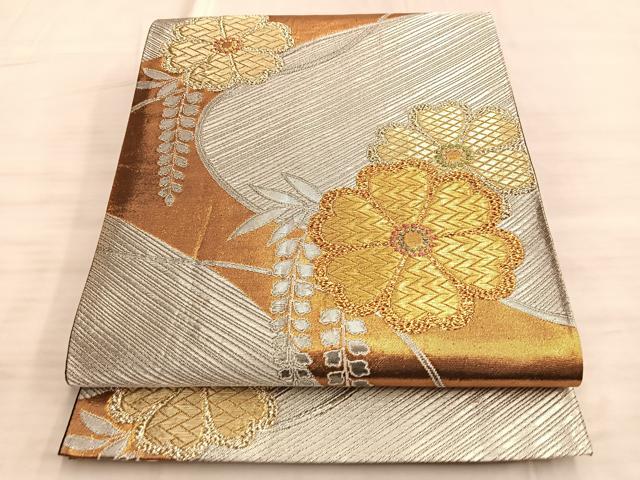 平和屋着物◎六通柄袋帯 桜流し 黒地 金銀糸 正絹 逸品 BAAO0488du