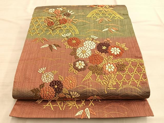 平和屋着物◎六通柄袋帯 籬草花文 金糸 正絹 逸品 BAAO0498du