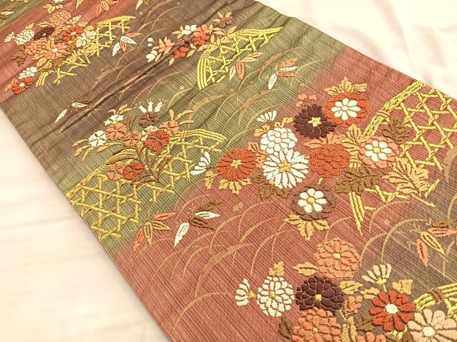 平和屋着物◎六通柄袋帯 籬草花文 金糸 正絹 逸品 BAAO0498du