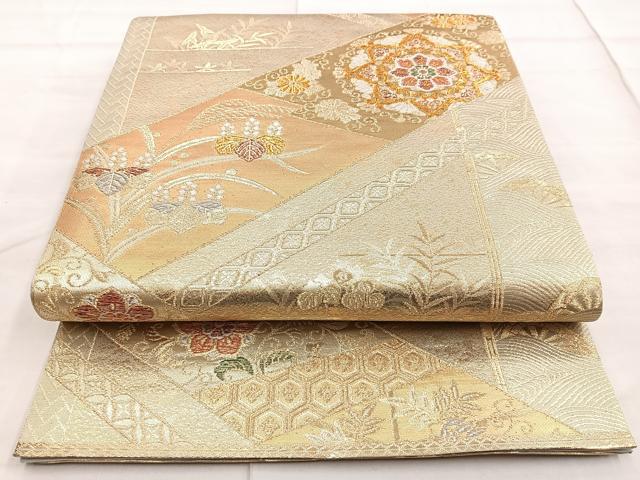 平和屋着物◎六通柄袋帯 吉祥花唐草文 金糸 正絹 逸品 BAAO0781cm