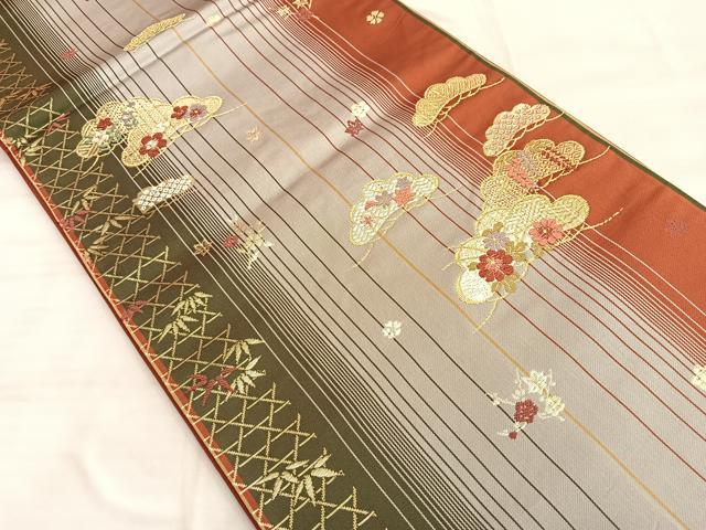 平和屋着物◎六通柄袋帯 唐織 光琳松草花間道 金糸 正絹 逸品 BAAO2014du