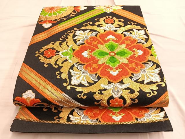平和屋着物◎六通柄袋帯 唐織 菱正倉院文 黒地 金銀糸 正絹 逸品 BAAO2034du