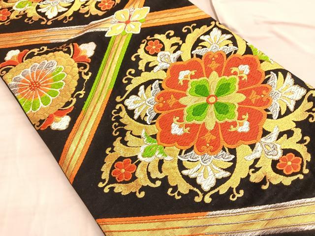 平和屋着物◎六通柄袋帯 唐織 菱正倉院文 黒地 金銀糸 正絹 逸品 BAAO2034du