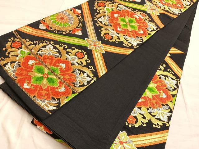 平和屋着物◎六通柄袋帯 唐織 菱正倉院文 黒地 金銀糸 正絹 逸品 BAAO2034du