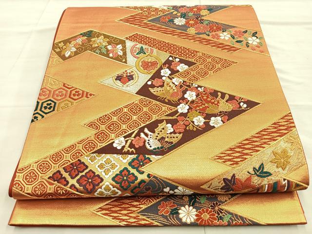 平和屋着物◎六通柄袋帯 唐織 松皮取蝶花文 金糸 正絹 逸品 BAAO3189if