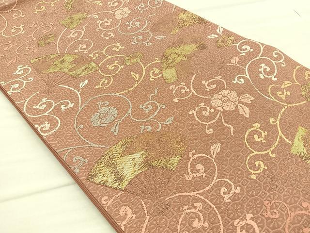 平和屋着物◎六通柄袋帯 唐織 扇面花唐草文 金糸 正絹 逸品 BAAO3425if