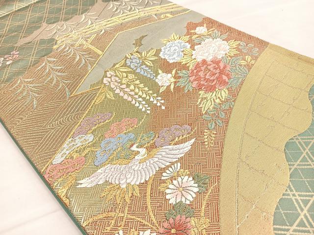 平和屋着物◎六通柄袋帯 唐織 松皮菱飛鶴花文 金糸 正絹 逸品 BAAO3433if