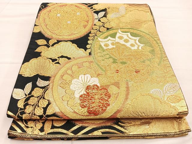 平和屋着物◎六通柄袋帯 唐織 花蝶丸文 黒地 金糸 正絹 逸品